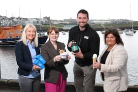 (L-R): Pamela Jordan, senior commercial manager at RiverRidge, Economy Minister Dr Caoimhe Archibald, Gareth Irvine, chief executive of Copeland Distillery and Daniela Morelli-Kerr, Sales & Marketing Director at Morelli’s Ice-Cream. CREDIT DARREN KIDD