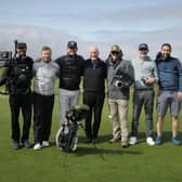 Well-known golf travel expert Matt Ginella (third left)and film crew; with David Connellan, Tourism Ireland (second left); and Des Giffin, Portstewart Golf Club (centre) during filming at Portstewart Golf Club.