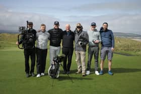 Well-known golf travel expert Matt Ginella (third left)and film crew; with David Connellan, Tourism Ireland (second left); and Des Giffin, Portstewart Golf Club (centre) during filming at Portstewart Golf Club.