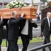 Pall bearers carry the coffin of Maud Kells in to Molesworth Presbyterian Church in Cookstown on Sunday. Credit: Declan Roughan / Press Eye