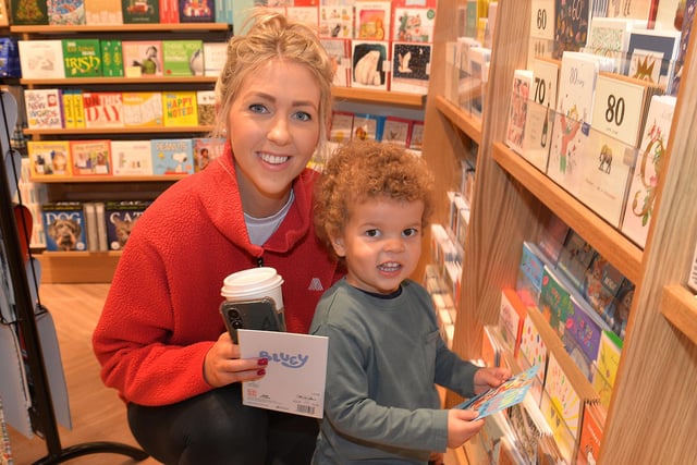 Julieann May and son Noah (2) pictured at the opening of the  new Waterstones store at Rushmere on Friday morning. PT41-214.