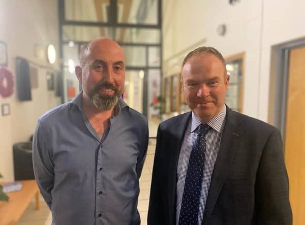 Pictured at Magherafelt High School's Prize Night are, from left,  special guest James Alexander -  UTV personality from Rare Breed Programme - and Vice Principal Stephen Fleming.