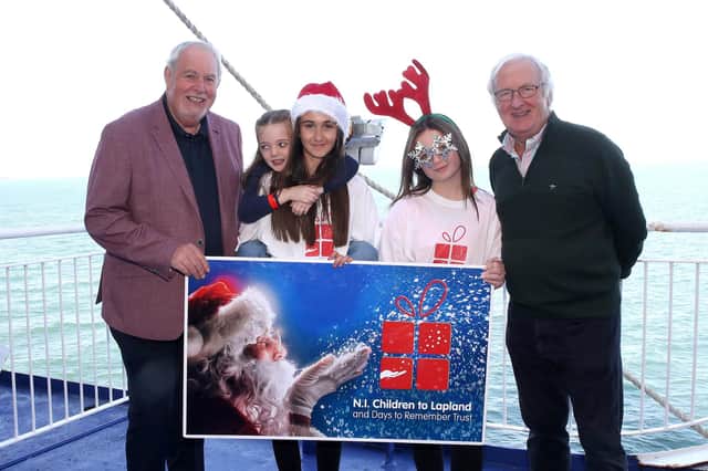 Pictured (l-r) Gerry Kelly, President, Northern Ireland Children to Lapland and Days to Remember Trust (NICLT); Lucia Pollock, Emily Dickey and Holly Lamont from Coleraine; and Colin Barkley, Chairman, Northern Ireland Children to Lapland and Days to Remember Trust (NICLT).