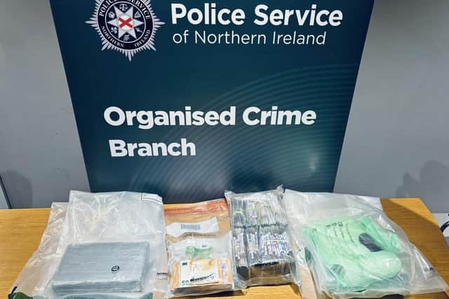 Suspected cocaine and cash seized in Dungannon. Picture: PSNI