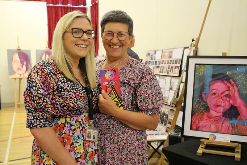 ICD Art teacher, Linda Gillespie, welcomes Mrs Wendy McClung to the exhibition at ICD. Credit: Ita Darragh