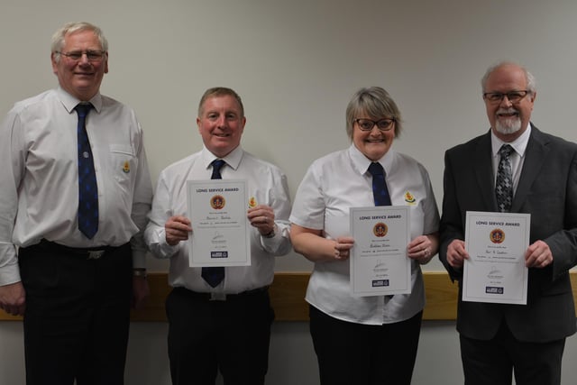 Long service awards handed out at Finvoy enrolment service.
Captain Ian Bolton (Left) pictured with Stewart Dunlop, Siobhan Blair and Rev. Roy Gaston receiving their long service Certificates having completed over fifteen years as a leader in the Company