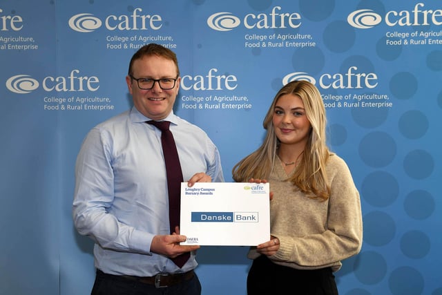Sarah Heatherington, a first-year BSc (Hons) Degree in Food Business Management student was awarded with the Danske Bank Bursary. Sarah, a student from Omagh was presented with her award by Mark Forsythe, Agri-Business Manager, Danske Bank.
