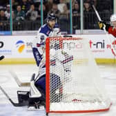 Belfast Giants’ Mark Cooper celebrates scoring against the Dundee Stars during Friday night’s EIHL Challenge Cup game at the SSE Arena, Belfast.     Photo by William Cherry/Presseye