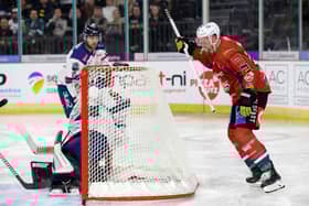 Belfast Giants’ Mark Cooper celebrates scoring against the Dundee Stars during Friday night’s EIHL Challenge Cup game at the SSE Arena, Belfast.     Photo by William Cherry/Presseye