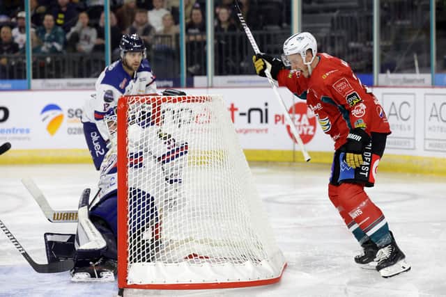 Belfast Giants’ Mark Cooper celebrates scoring against the Dundee Stars during Friday night’s EIHL Challenge Cup game at the SSE Arena, Belfast. Photo by William Cherry/Presseye