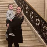 DUP MLA Cheryl Brownlee with her son, Lyle, at Stormont buildings. Photo: submitted