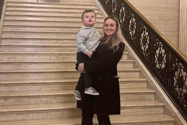 DUP MLA Cheryl Brownlee with her son, Lyle, at Stormont buildings. Photo: submitted