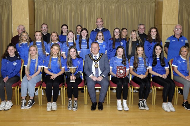 Lord Mayor, Cllr Paul Greenfield pictured at the civid reception with the U16 team winners of the U16 Division League and Championship, with their coaches. Also included are Councillors Eamon McNeill, Kevin Savage and Liam Mackle.