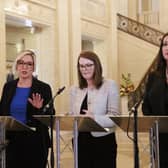 First Minister Michelle O'Neill, Finance Minister Dr. Caoimhe Archibald and deputy First Minister Emma Little-Pengelly arrive for a press conference in the Great Hall of Parliament Buildings at Stormont, detailing a budget from Stormont ministers who have agreed the distribution of £300 million to Executive departments as part of the in-year June monitoring round exercise. Photo: Liam McBurney/PA Wire