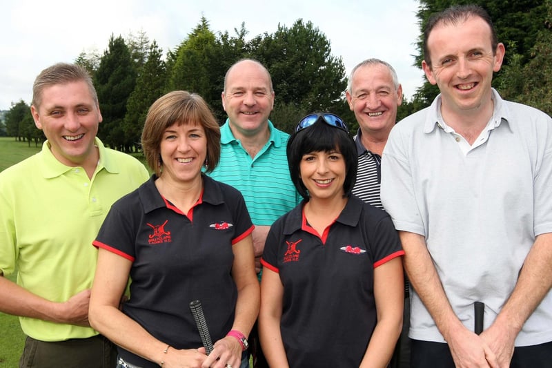 Pictured at Ballyclare Ladies Hockey Club's 2008 golf day at Ballyclare Golf Club were Trevor Lorimer, Janice Wilson, Stephen Coleman, Tracy Gilpin, Denis Stronge and Richard Dodds. NT38-009FP