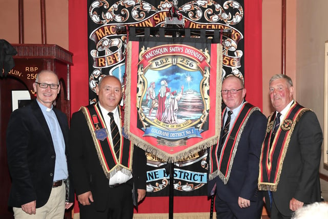 The Rev. Paul Lyons, Rector of Macosquin Parish Church, who dedicated the new bannerette for Macosquin RBP 256 and LOL 310 with Wor. Sir Knight Derek Cauley WDM, Sir Knight Kenneth Hutchinson WM, Sir Knight Kenneth Hutchinson WM. Credit McAuley Multimedia