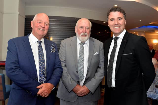 Past and present principals of Lurgan College pictured at the school's 150th annversary dinner in the Seagoe Hotel on Friday. Included are from left, Trevor Robinson, principal from 2005-2022; Denis Johnston, principal from 1988-2005 and Kyle McCallan, the current principal. LM25-209.