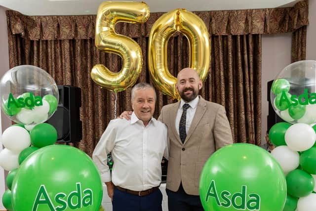 Peter Becket, Asda Cookstown, celebrating 50 years with the store and Niall Keyes, Senior Director, Asda Northern Ireland