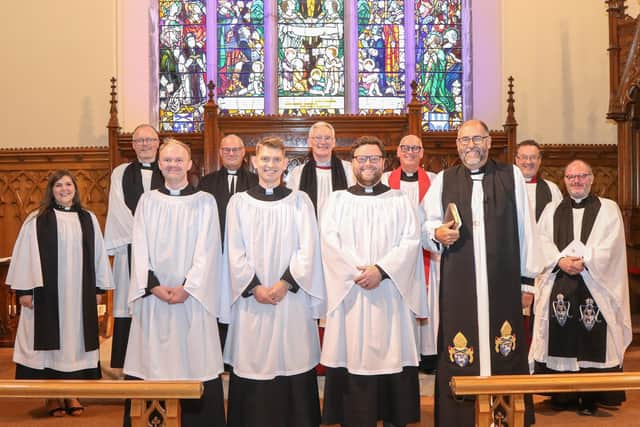 At the Service of Ordination of deacon interns held in Lisburn Cathedral are, front row from left: Lee Boal, Gareth Campbell and Andrew Neill and Bishop George Davison. Back row, from left: The Rev Danielle McCullagh, Archdeacon Barry Forde; the Rev Canon William Taggart, Dean Sam Wright, Archdeacon Stephen McBride, Archdeacon Paul Dundas and the Rev Canon Kevin Graham. Photo by Norman Briggs.