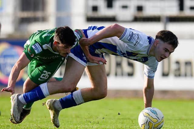 Adam Carroll was Newry City's lone goalscorer against Ballyclare Comrades. Pics: Brendan Monaghan