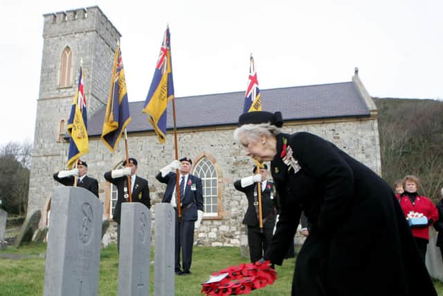 Co Antrim Lord Lieutenant Mrs Joan Christie lays a wreath during the annual Rathlin Island Remembrance Day service Picture: Steven McAuley/Kevin McAuley Photography Multimedia