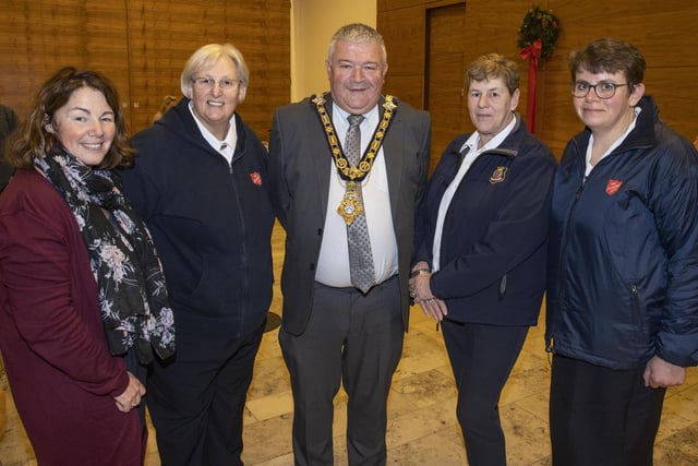 Vivien McMaster, Captain Sue Whitla, Doreen Chapman and Samantha Reid pictured with the Mayor of Causeway Coast and Glens Borough Council, Councillor Ivor Wallace at a recent reception held in Cloonavin.