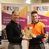 Brickwork student Matthew Carswell alongside CITB Director Rachel Dorovatas and SRC Curriculum Area Manager Gareth Mone. Picture: SRC