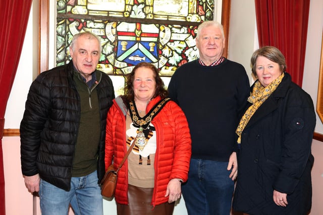 Tracey Roberts from the Isle of Man got to wear the Mayor's chain of office during her visit to the Borough. She is pictured with Mayor Steven Callaghan, Ruth Callaghan and Maurice Bradley MLA at the  Abaana New Life Choir civic reception.
