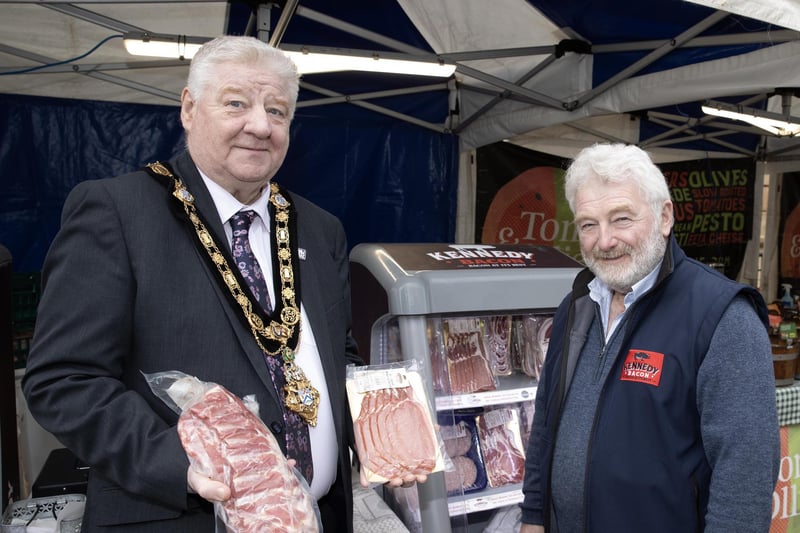 Mervyn Kennedy of Kennedy Bacon pictured with Mayor, Councillor Steven Callaghan at the award-winning Causeway Speciality Market.