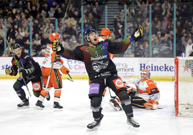 Belfast Giants' Scott Conway celebrates scoring against Sheffield Steelers during Friday’s Elite Ice Hockey League game at the SSE Arena, Belfast. Photo by William Cherry/Presseye