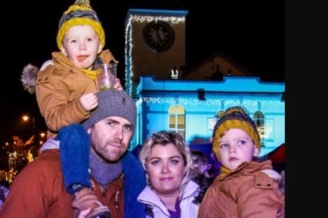 Paul and Laura Alderdice with sons Jake and Reece at the Ballyclare Christmas switch on in 2014.