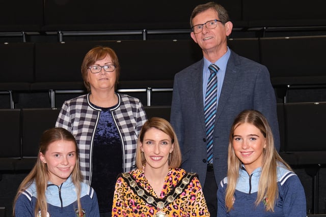 Rachael Keenan and Amy-Rose Mulligan of St. Mary’s Magherafelt, who were chosen as EOS IT Solutions Ulster Schools’ Camogie All-Stars for 2022 to 2023. Also pictured are Council Chair, Councillor Corry and nominating councillors, Councillor McFlynn and Councillor Kearney.