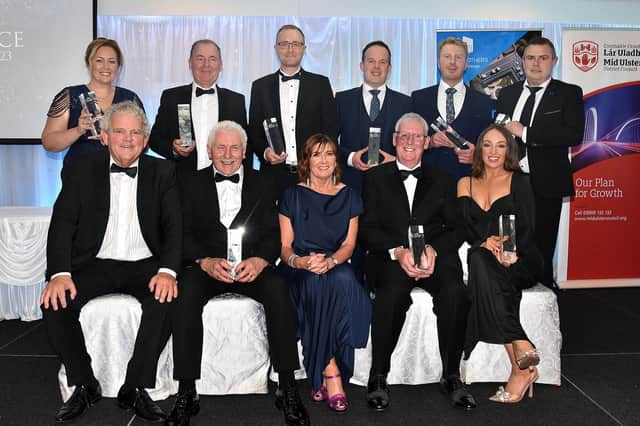 The prizewinners at the Mid-Ulster Business Awards which were held in the Royal Hotel, Cookstown on Wednesday evening. Also included are, compere, Adrian Logan, front left, and Julie McKeown, front centre, of main sponsors, Henry Brothers. MU46-229.