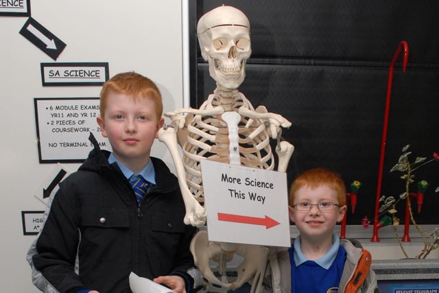 Cillian and Aiden McAfee meet the skelton at the Brownlow College open night in 2010.