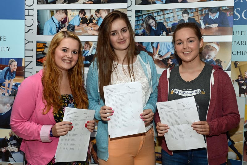 Monkstown Community High School pupils Rebekah Currie, Megan Armstrong and Stephanie Cunningham pictured after receiving their GCSE results in 2012. INNT 35-014-PSB