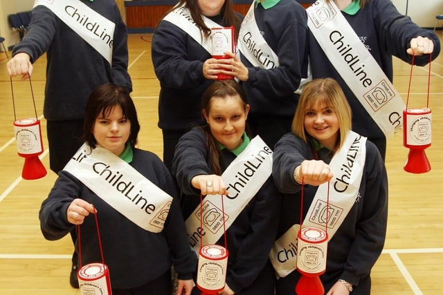 Fort Hill College Sixth Form Child Care Students who collected for Child Line in Lisburn City Centre in 2006. Back row L-R Kerry Campbell, Naomi Johnston, Carly Campbell and Laura Scales. Front row L-R Zara Johnston, Danielle Parkinson and Laura Davidson.