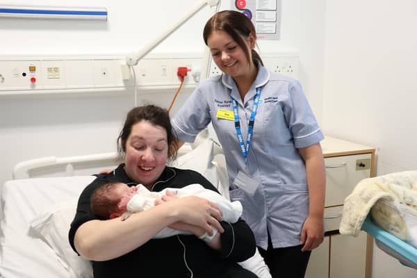 Maternity Support Worker, Amy Pyper with new mum Catherine Cardwell and baby Ronan. Pic credit: SEHSCT
