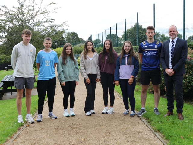 GCSE students pictured on results day with St Mary's Grammar School Principal, Mr Paul McClean.