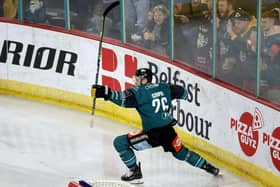 Belfast Giant Mark Cooper celebrates scoring against the Guildford Flames in the second leg of the Challenge Cup semi-final at the SSE Arena. Picture: William Cherry/PressEye