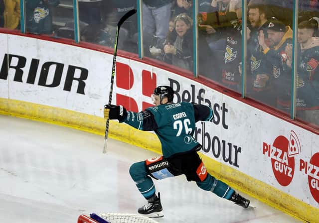 Belfast Giant Mark Cooper celebrates scoring against the Guildford Flames in the second leg of the Challenge Cup semi-final at the SSE Arena. Picture: William Cherry/PressEye