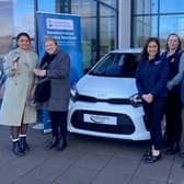 Raffle winner Barbara Abraham (second left) with, from left: Sarah O’Hare, fundraising officer Southern Area Hospice Services; Imogen Blevins, Shelbourne Motors; Ruth Atkins, NFU Mutual; Peter Murray, Buttercrane Shopping Centre and Gary Connolly Shelbourne KIA sales manager. Picture: supplied by Southern Area Hospice Services