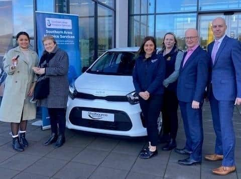 Raffle winner Barbara Abraham (second left) with, from left: Sarah O’Hare, fundraising officer Southern Area Hospice Services; Imogen Blevins, Shelbourne Motors; Ruth Atkins, NFU Mutual; Peter Murray, Buttercrane Shopping Centre and Gary Connolly Shelbourne KIA sales manager. Picture: supplied by Southern Area Hospice Services