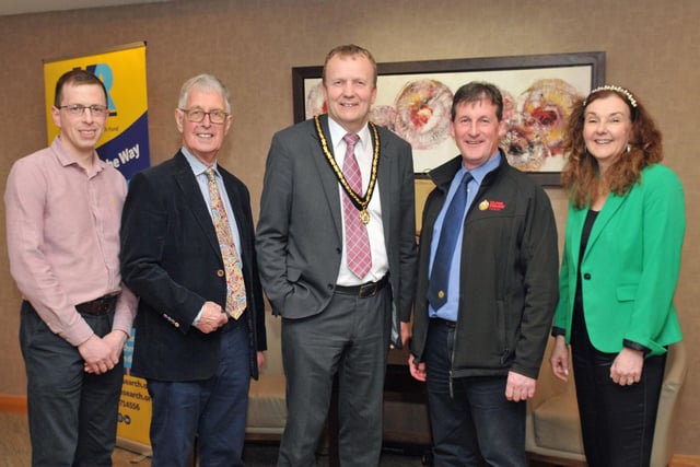 Deputy Lord Mayor of Armagh City, Banbridge and Craigavon, Councillor Tim McClelland with, second right, Wesley Ashton, CEO, Ulster Farmers Union. Included are John Harrison, Winston Humphries, show chairperson and Michelle Doran, show secretary.