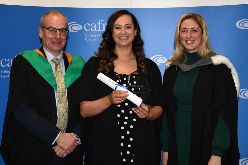Ashleigh Haydock (Dungannon) was presented with the Department of Agriculture, Environment and Rural Affairs Prize, awarded to the best Level 3 Veterinary Nursing student. Ashleigh is congratulated by guest speaker Gemma Daly,  Director of Enzootic Control, Animal Welfare and Field Delivery Division, DAERA,  and Martin McKendry, Director, CAFRE.