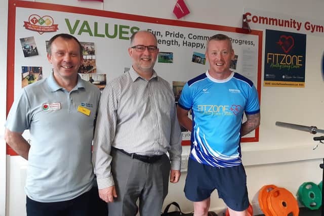 Sean Collins, co founder of The Fitzone Foundation in Craigavon and Support Worker for the Southern Health and Social Care Trust, Gerard Rocks, Assistant Director for promoting wellbeing at the Southern Health and Social Care Trust with Sean McKeown, also a co-founder of The Fitzone in Craigavon as well as a Verve Community Health trainer at the HIM (Health in Mind) Men's Group at The Fitzone Foundation in Craigavon, Co Armagh.