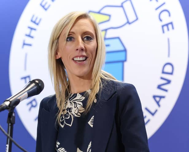 Successful Upper Bann DUP candidate, Carla Lockhart speaking after the result at South Lake Leisure Centre, Craigavon. Picture: Philip Magowan / Press Eye