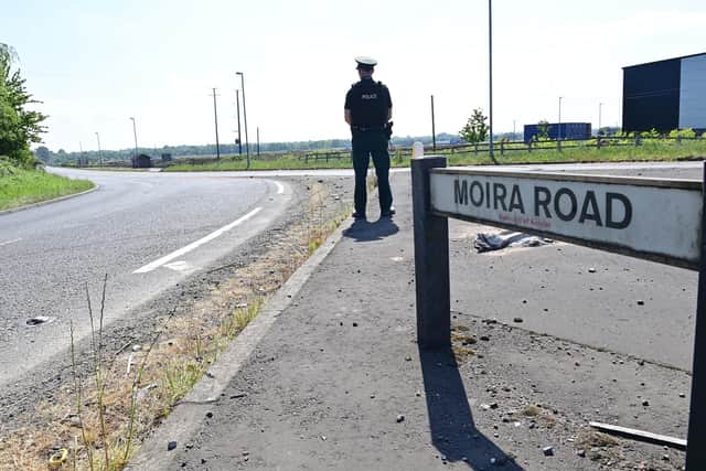 Police at the the Moira Road, Crumlin, on Wednesday, May 31 following the two-vehicle road traffic collision.  Picture: Colm Lenaghan/Pacemaker