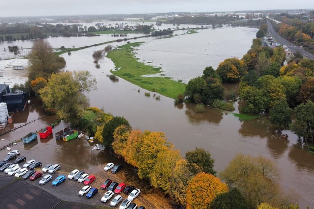 Snapshot of aerial drone footage in the aftermath of Storm Ciaran showing significant flooding around the River Bann in Portadown, Co Armagh.
