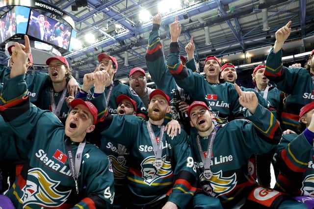 Belfast Giants team celebrate the 'treble' after being crowned Elite Ice Hockey League Champions, Challenge Cup Champions and the EIHL Playoffs Champions at the Motorpoint Arena, Nottingham. Photo by William Cherry/Presseye
