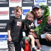 Glenn Irwin celebrates his record-breaking North West 200 win with partner Laura and kids Freddie, Gia & Phoebe
